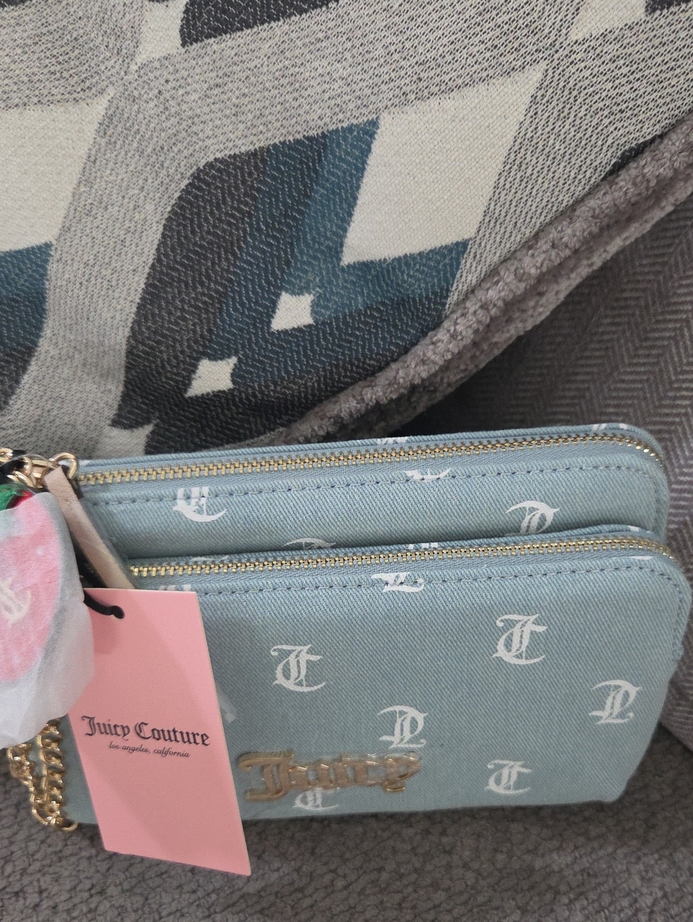 Juicy Couture Light Blue Logo Double Zip Wristlet with Pink Tag